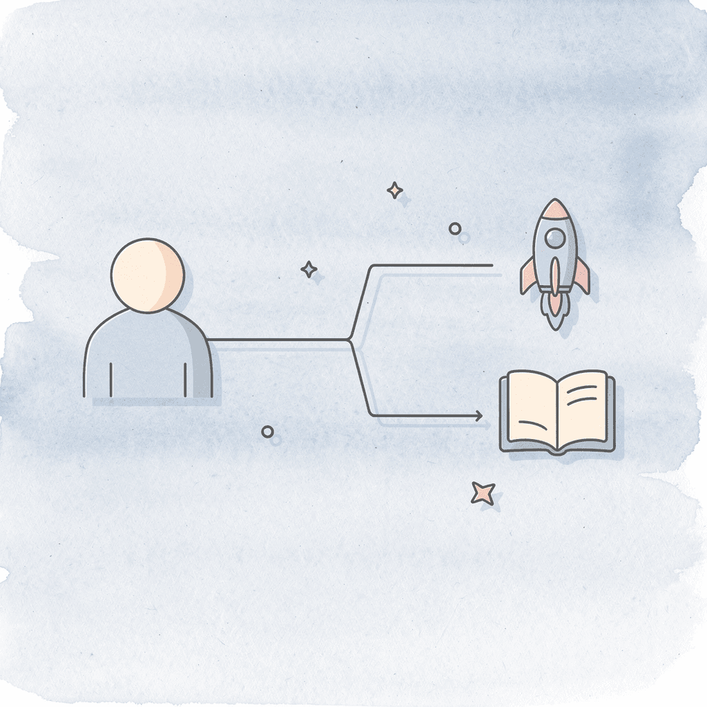  Trading briefcase splitting into two paths representing choice between adapting vs matching