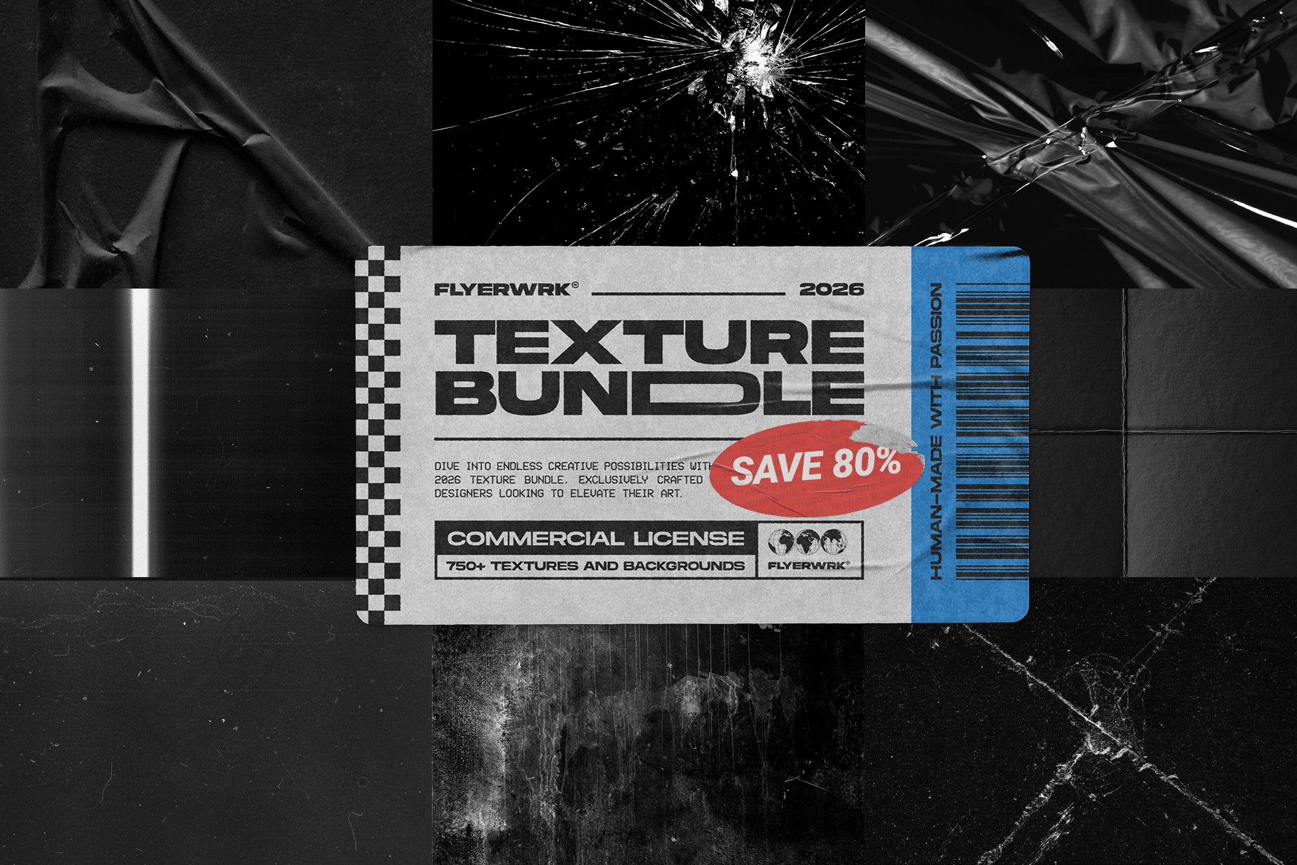 Premium texture bundle mockup with commercial license info and various abstract background samples