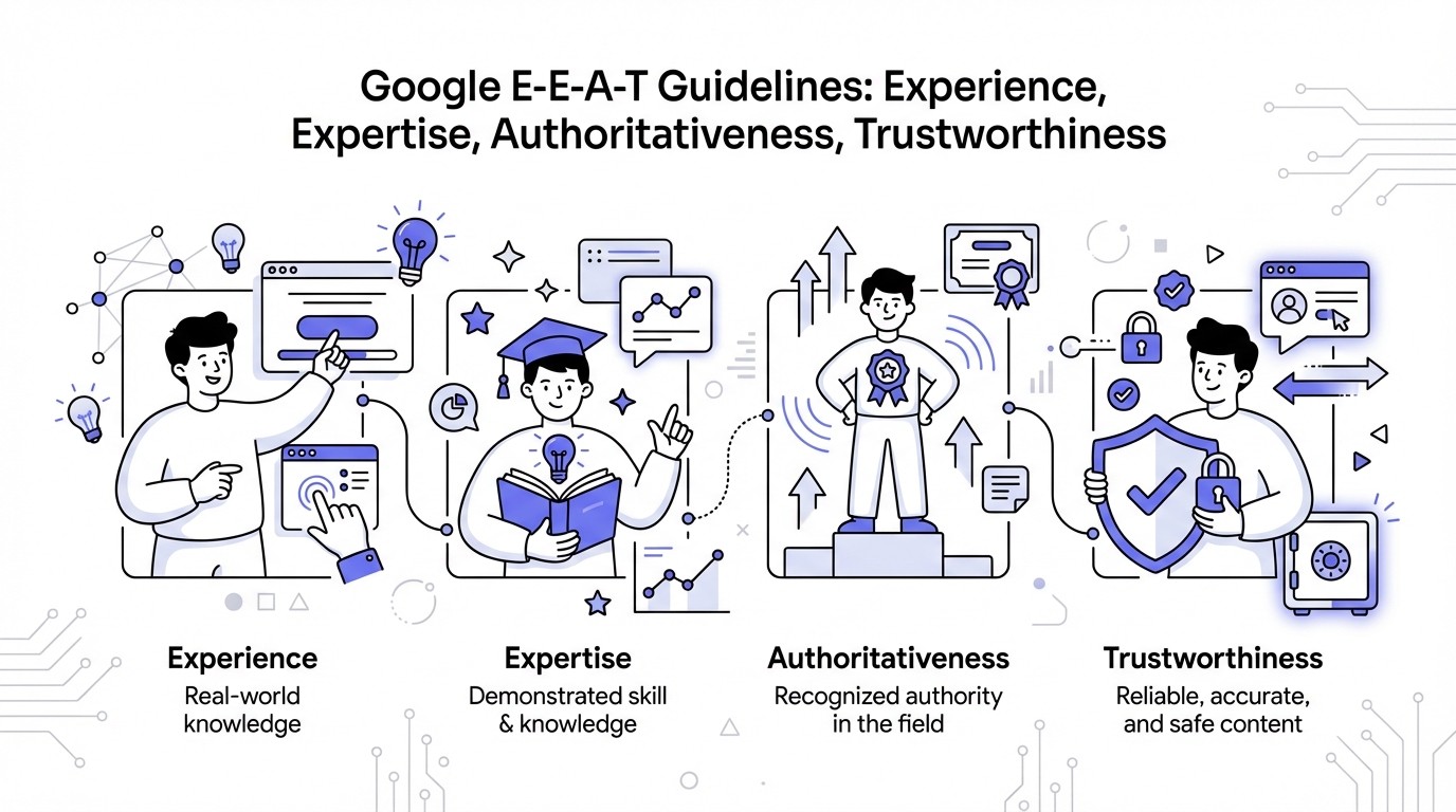 An infographic explaining Google's E-E-A-T guidelines, featuring four main sections: Experience (hand interacting), Expertise (open book with lightbulb), Authoritativeness (award badge), and Trustworthiness (shield with checkmark), each with descriptive text.