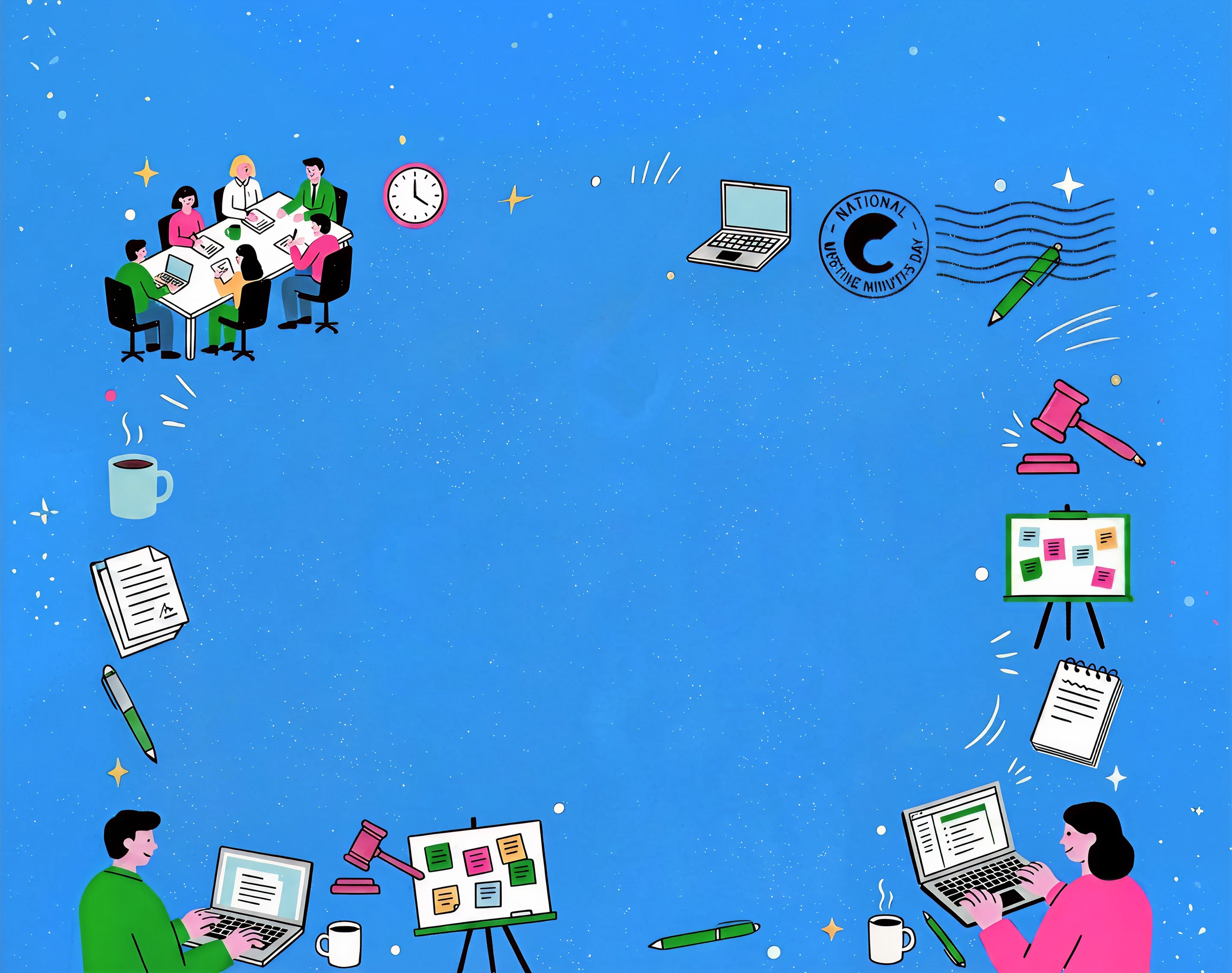 Illustrated blue background with municipal meeting-themed icons arranged around the edges, including a group of people at a conference table, a pink clock, a laptop, a "National Meeting Minutes Day" stamp, a gavel, a sticky-note board, notepads, documents, pens, and two people working on laptops in the foreground.