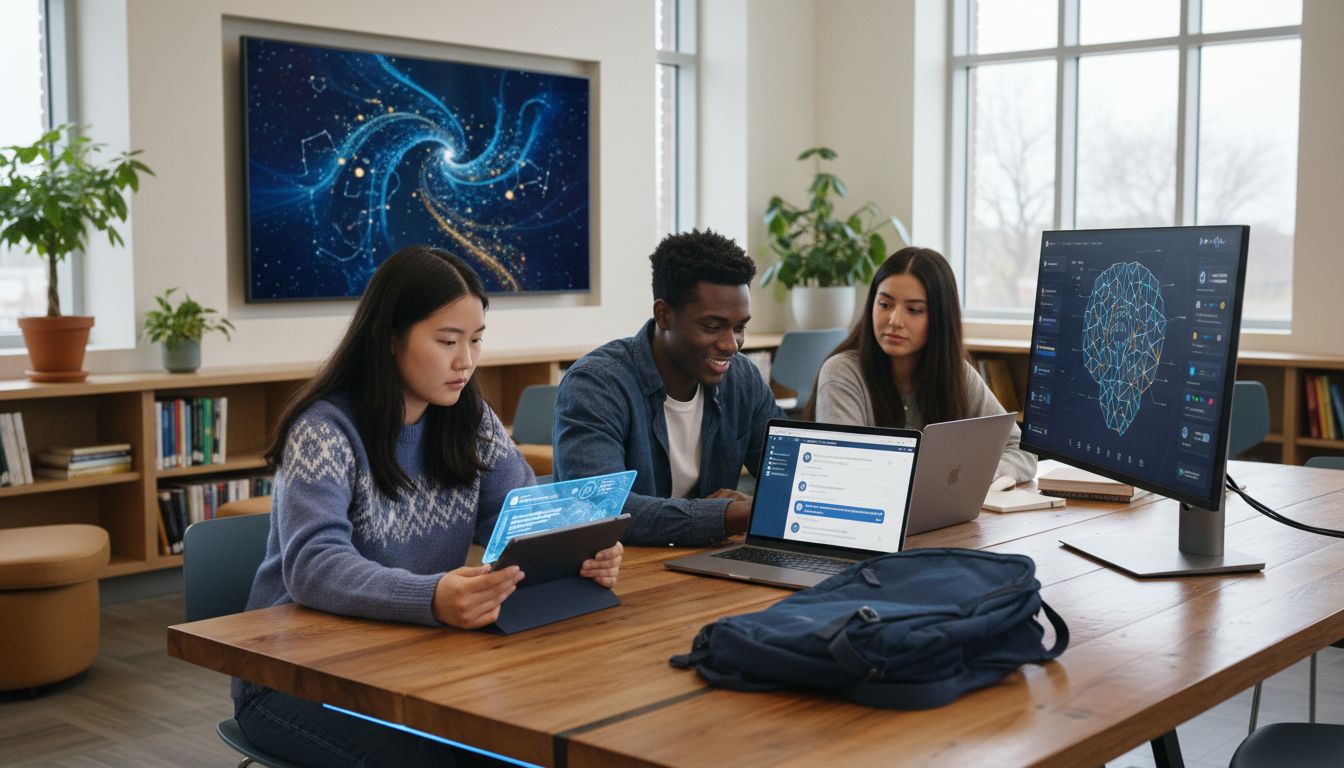 Three students sit at a table using computers and a tablet.