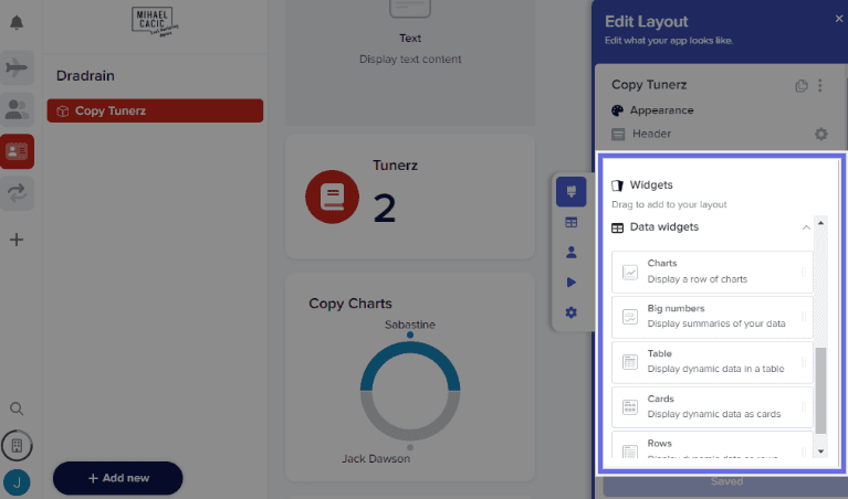 Stacker’s app layout editor highlighting analytics widgets like Charts, Big numbers, Cards, etc.