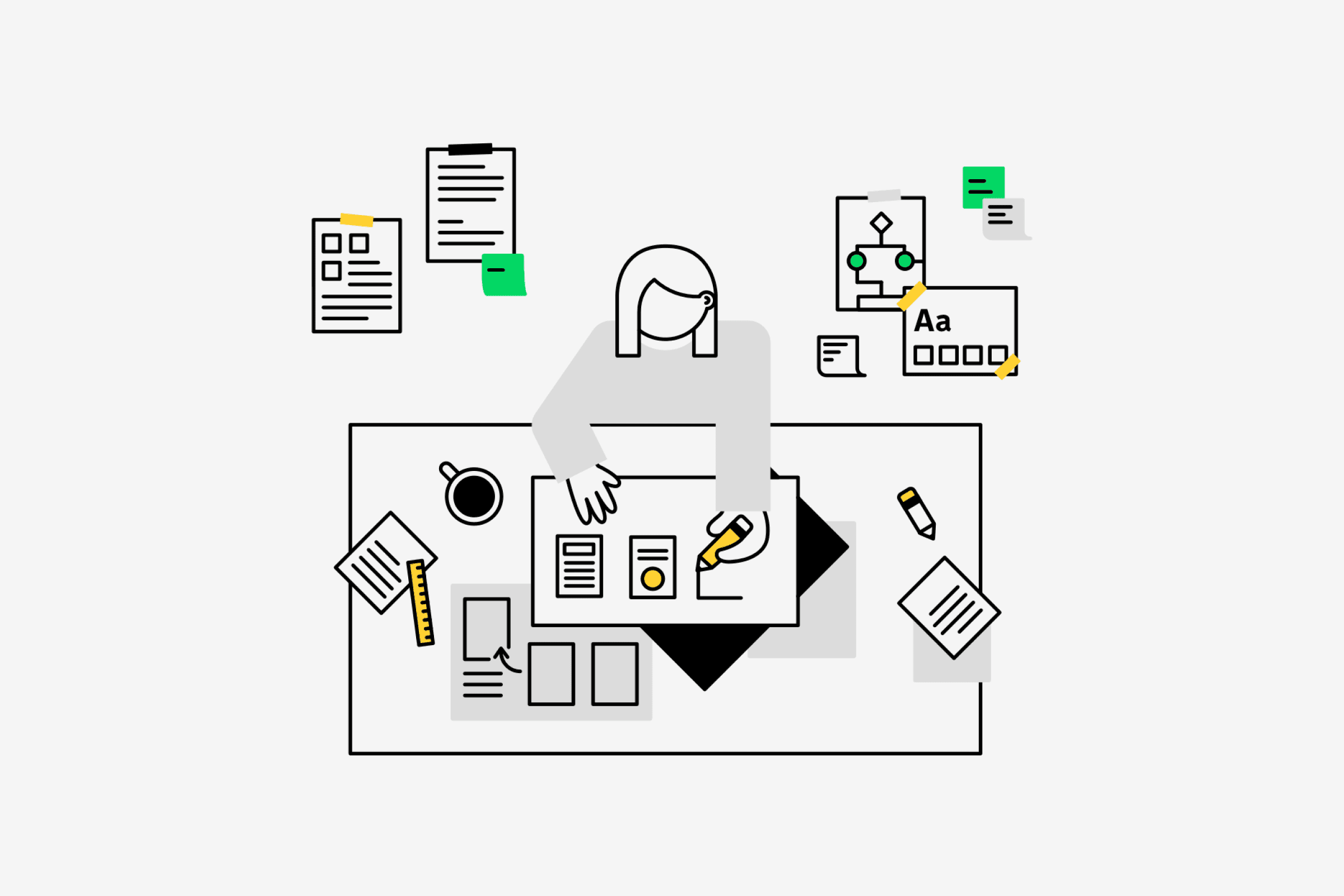 An illustration of a character drawing wireframes on a paper, from a bird eye view angle