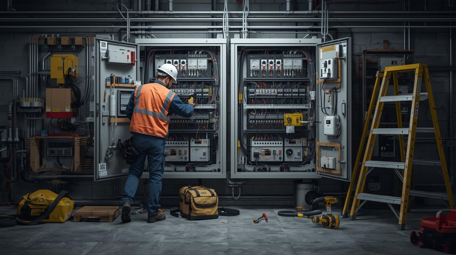 Electricians using QR-tagged tools on a job site to improve workflow efficiency.