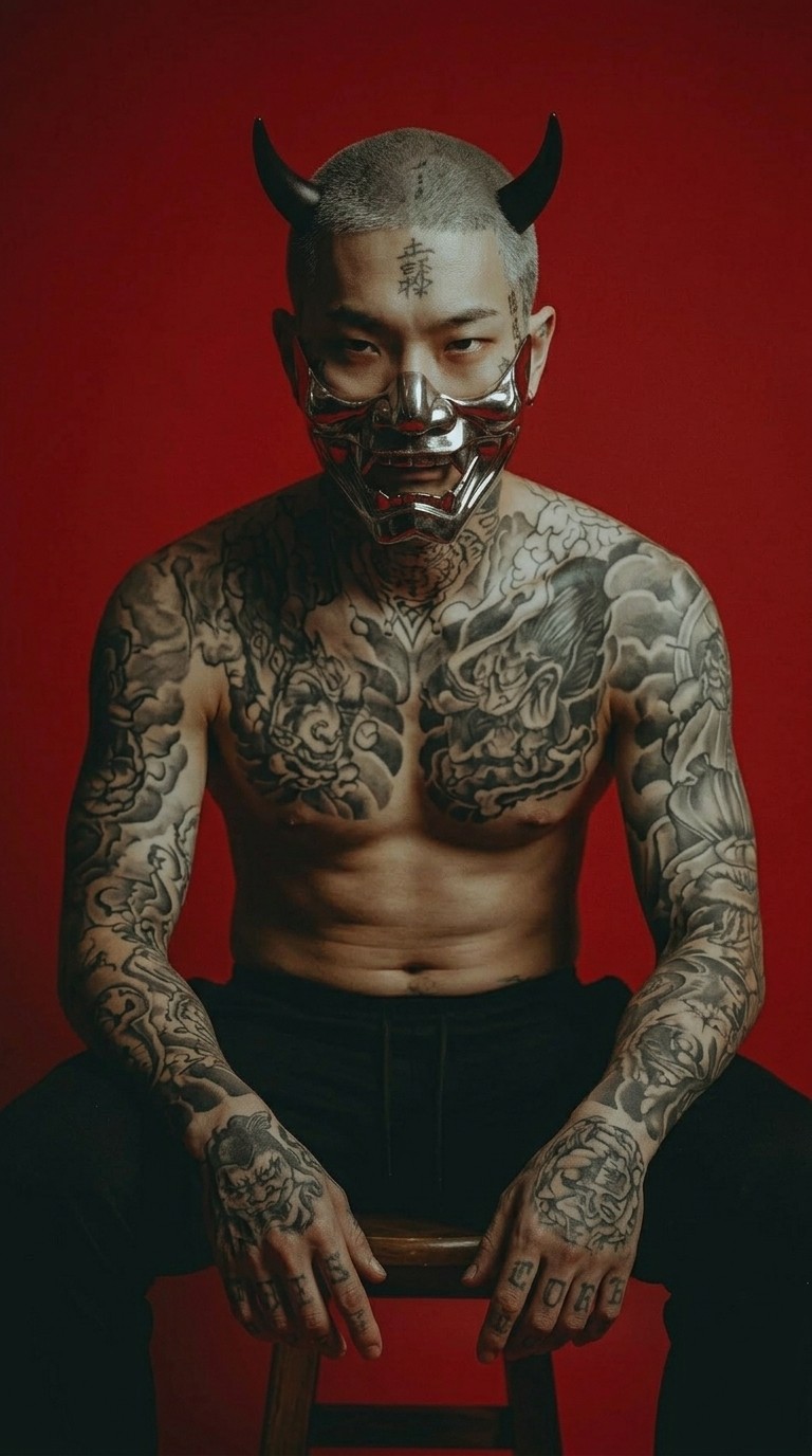 Frontal portrait of a man with a metallic mask and small horns
