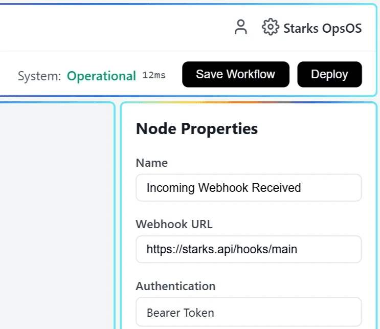 Top right section of the Starks OpsOS dashboard showing system operational status, action buttons, and a Node Properties configuration panel.
