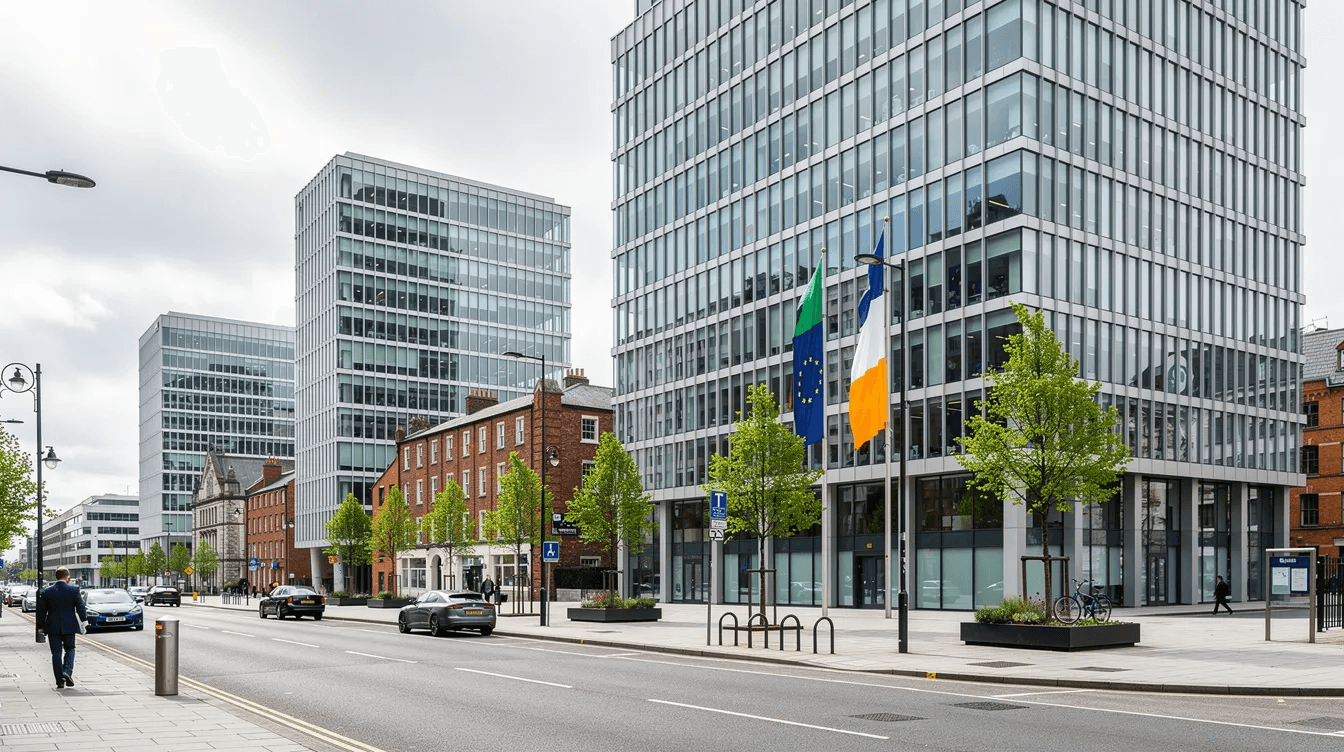 L'image montre un quartier d'affaires moderne à Dublin, avec des immeubles de bureaux en verre et en acier, symbolisant le dynamisme économique de l'Irlande. Ce paysage urbain reflète l'importance des entreprises et du régime fiscal, notamment en matière de TVA en Irlande.