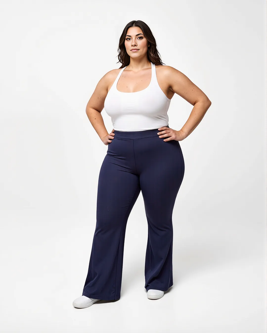 Professional fashion photo featuring a model in a white tank top and navy flared pants against a clean white background