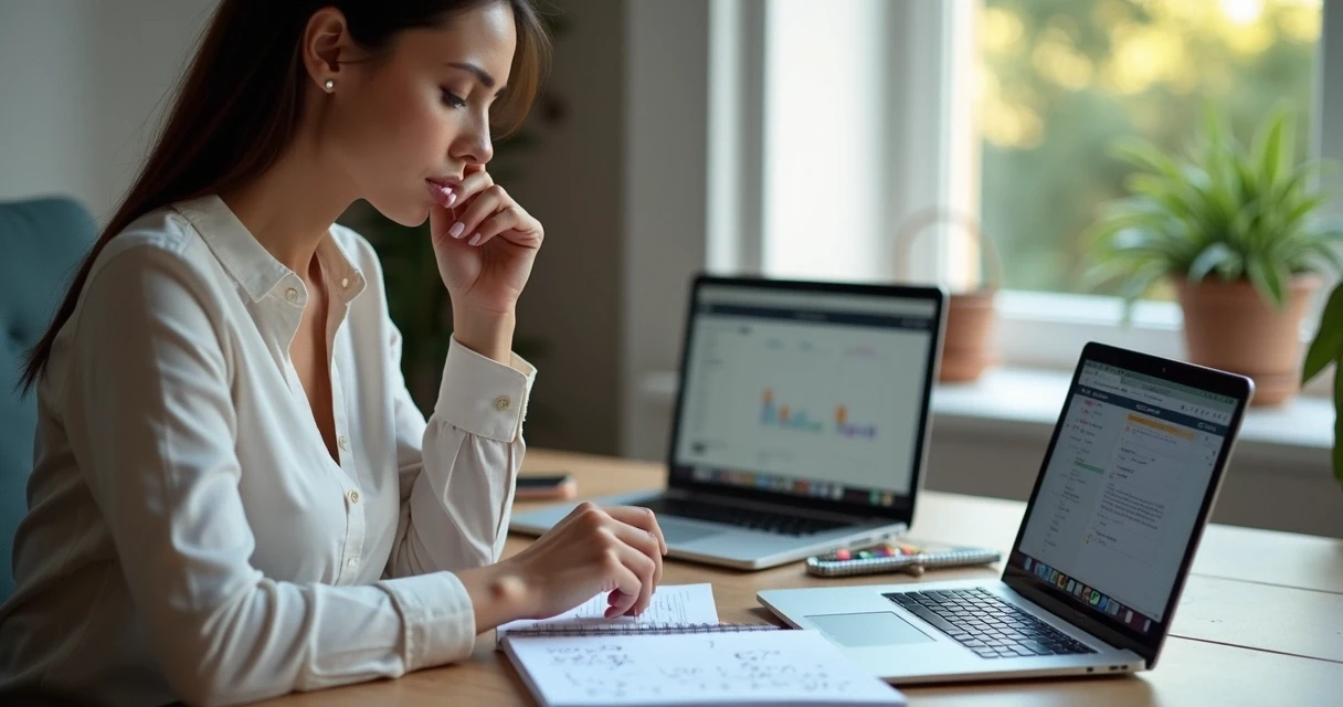 Profissional de saúde avaliando opções de software em laptop na mesa com anotações ao redor