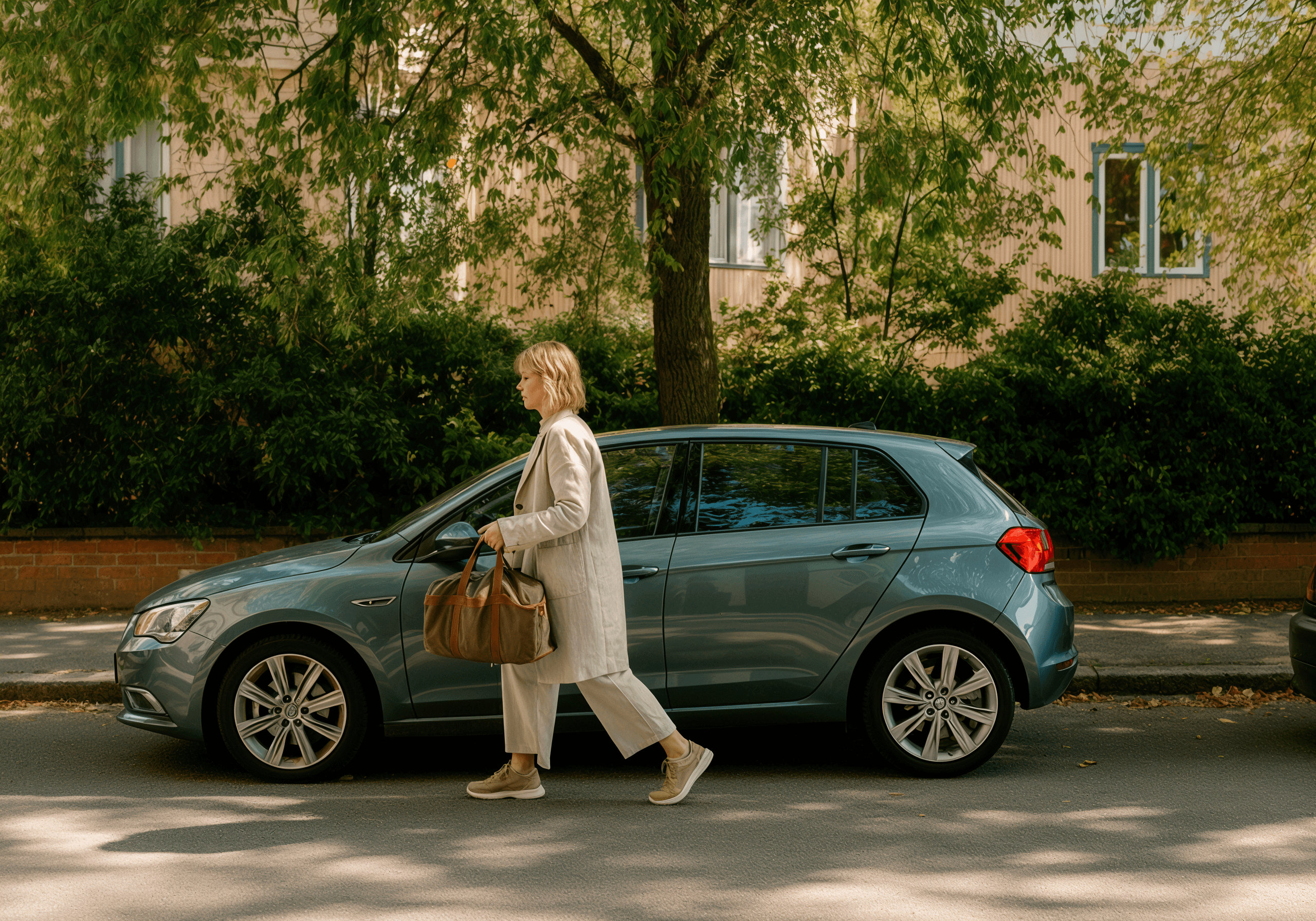 Woman in a beige coat and pants walking past a blue car with a brown handbag and a tree in the background.