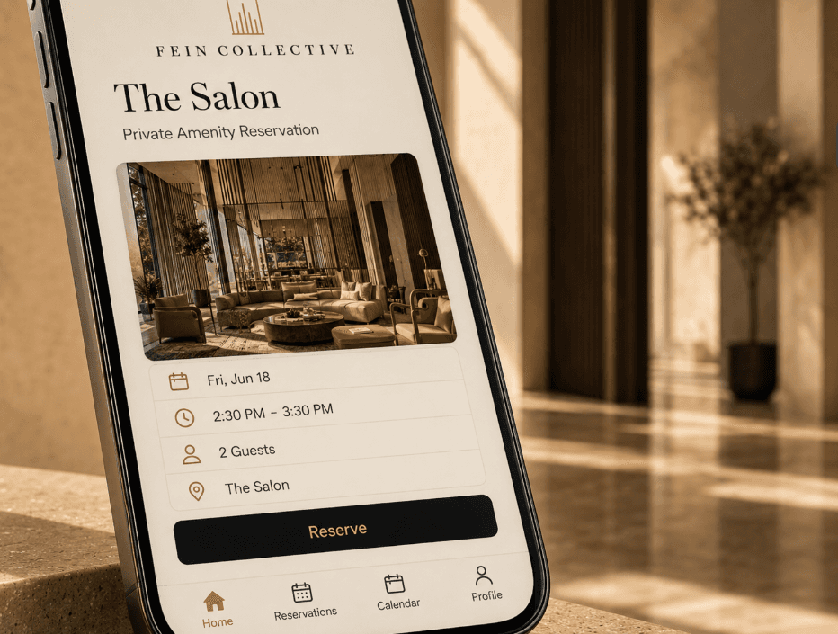 Fein Collective interface for reserving a private amenity space.
