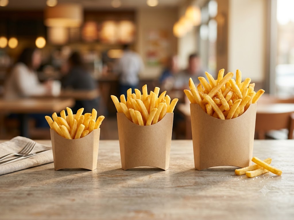 A side-by-side comparison of three different sizes of french fries in plain brown cardboard containers, ranging from small to large, on a wooden restaurant table with a blurred background.