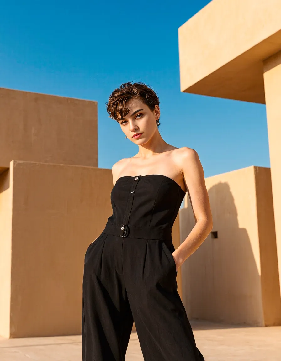 Sleek black strapless jumpsuit photographed against minimalist sandstone architecture with bright blue sky, showcasing summer fashion