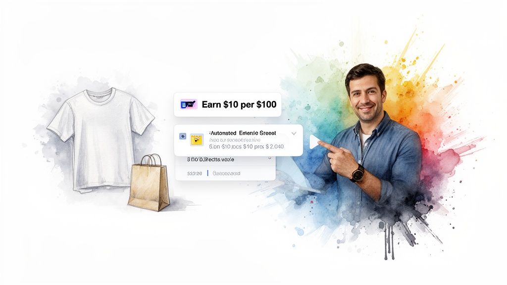 Smiling man points at 'Earn $10 per $100' digital interface with a t-shirt and shopping bag.