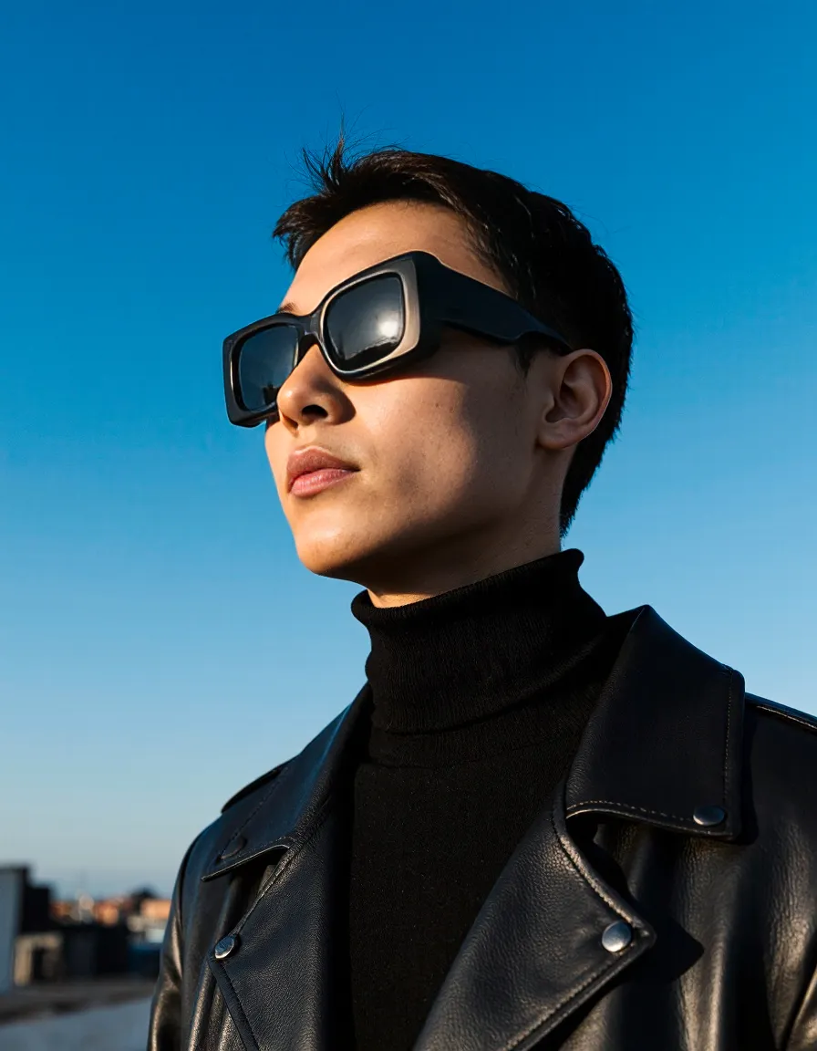 Stylish portrait in bold square sunglasses and black leather jacket against bright blue sky, creating a striking editorial aesthetic