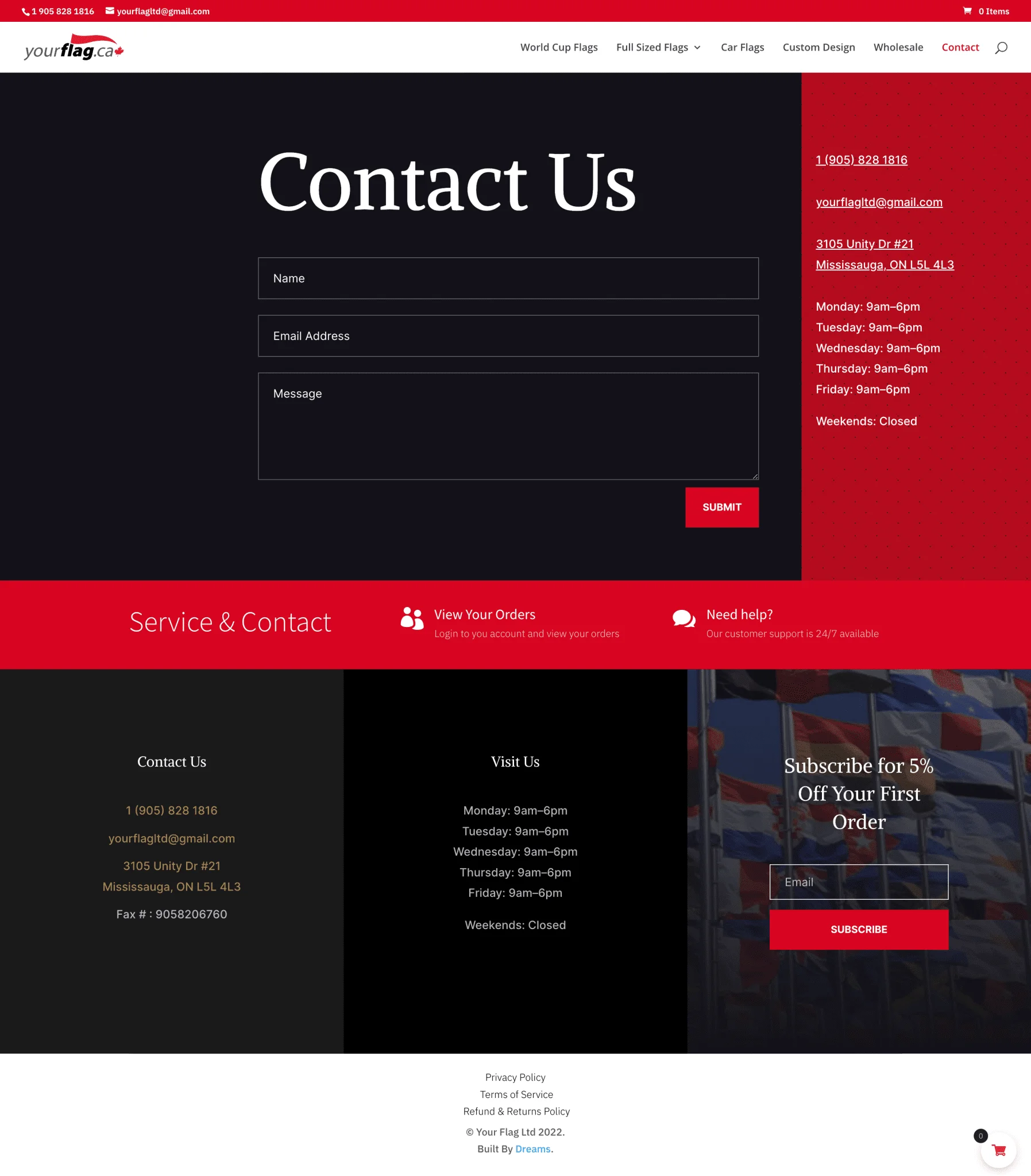 contact us page for yourflag website developed & designed by Dreams Agency Mississauga, Ontario