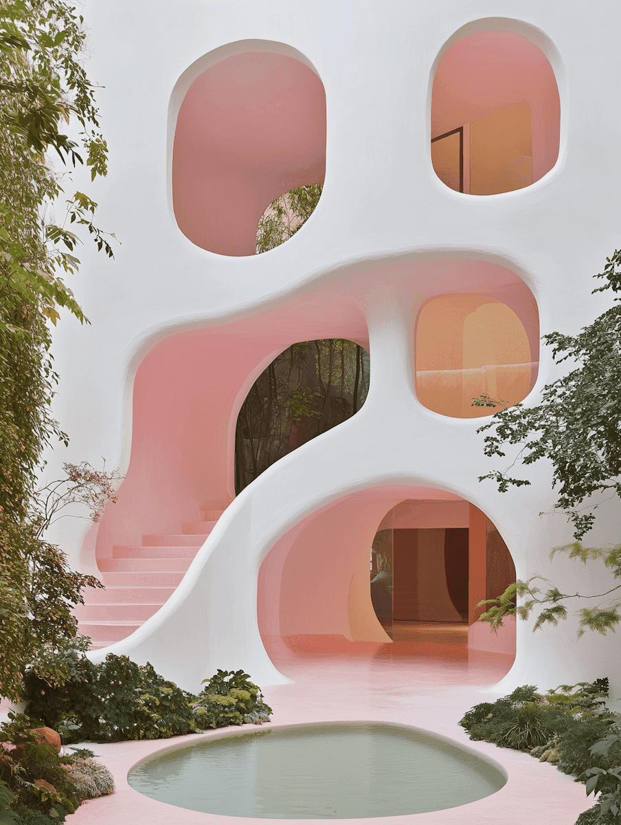Fluid white sculptural building with floor-to-ceiling glazing beside a reflective pool