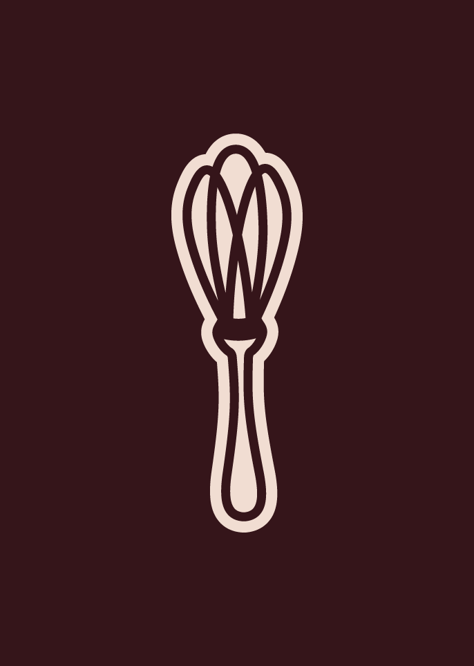 Browneria Barreto standalone whisk icon centered on a dark chocolate brown background, rendered in blush and dark brown as a sticker-style brand mark