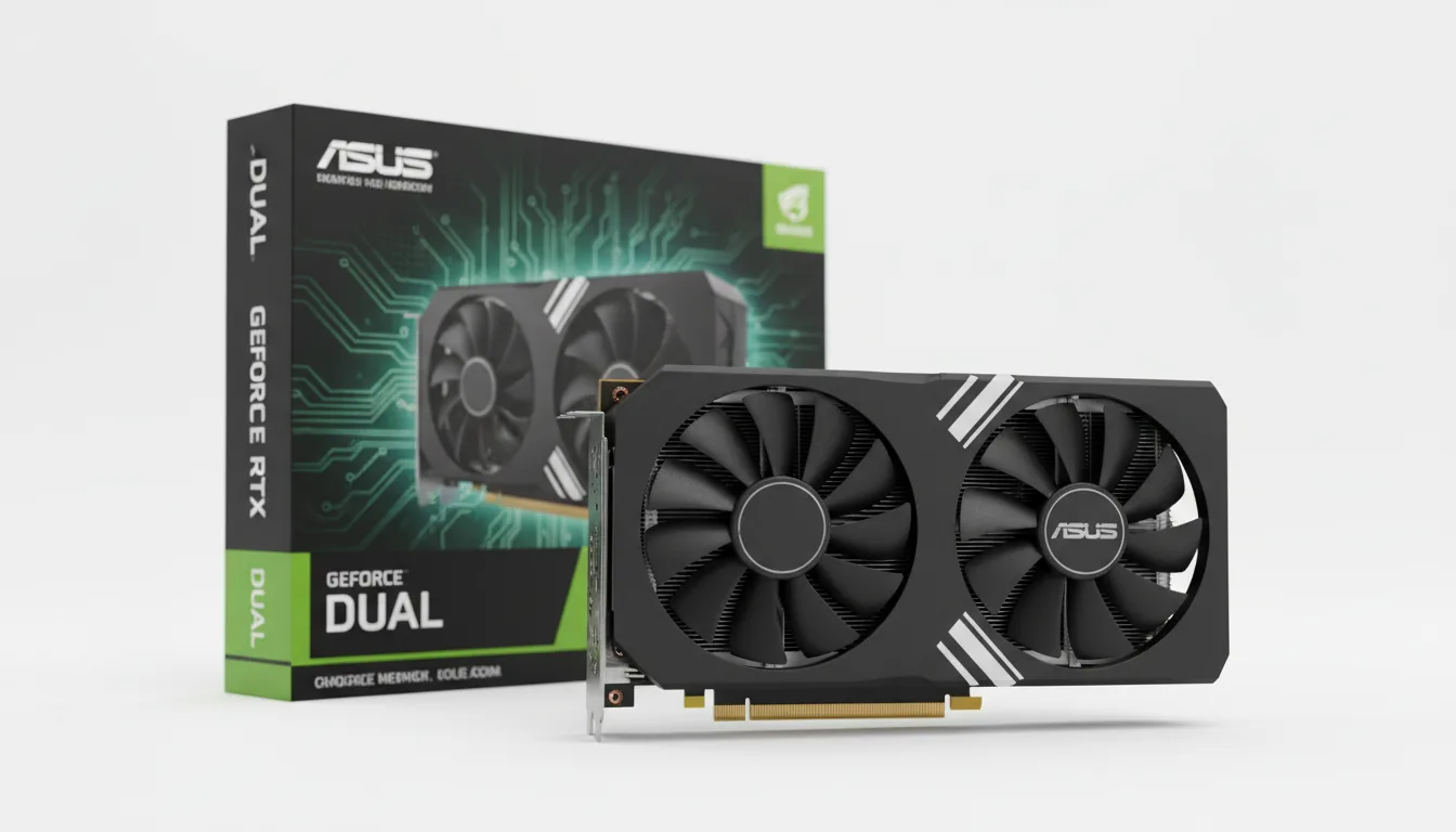 Professional product photography of an ASUS Dual GeForce RTX 3050 graphics card, DSLR shot. The card, featuring a matte black shroud with two fans and white accents, is in sharp focus in the foreground. Behind it and slightly to the left is its retail box, black with vibrant green and silver branded graphics and stylized, abstracted text. The entire composition is isolated against a clean, stark white background under soft studio lighting with minimal shadows.