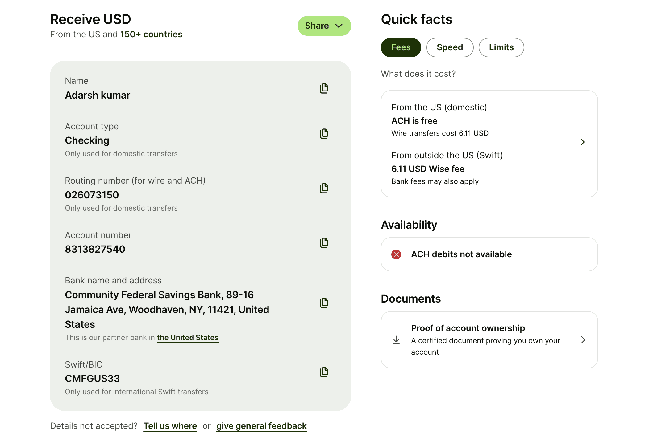 my USD account in WISE