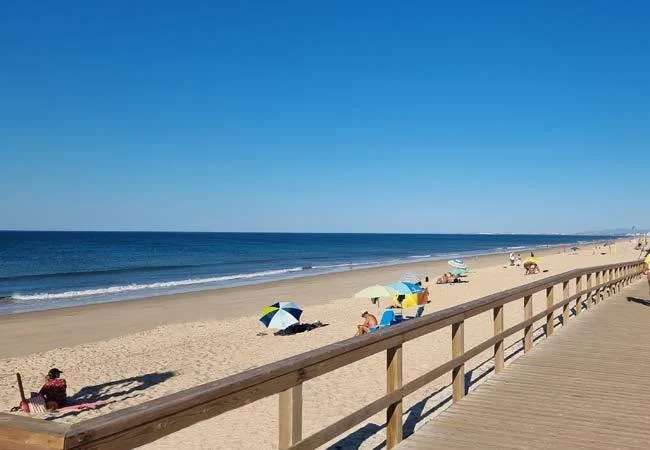 Sandy Praia de Faro beach beside the Atlantic Ocean.