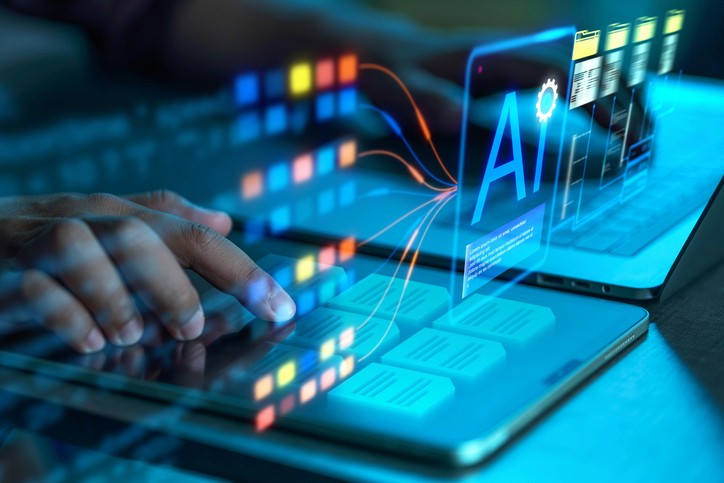 fingers on a computer keyboard with digital ai images in the background