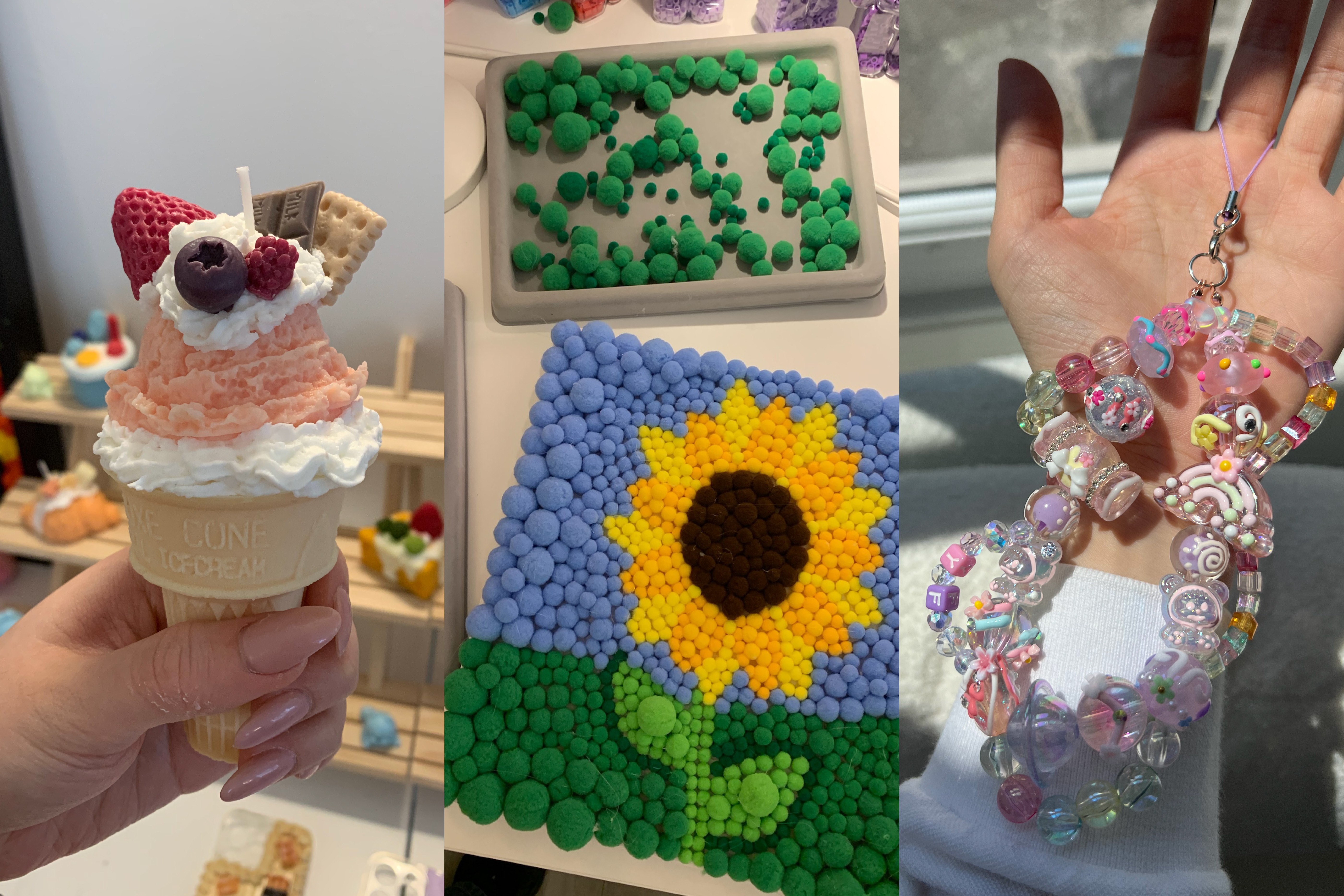 DIY craft workshop creations including cream gel art, furball painting, and handmade accessories in London