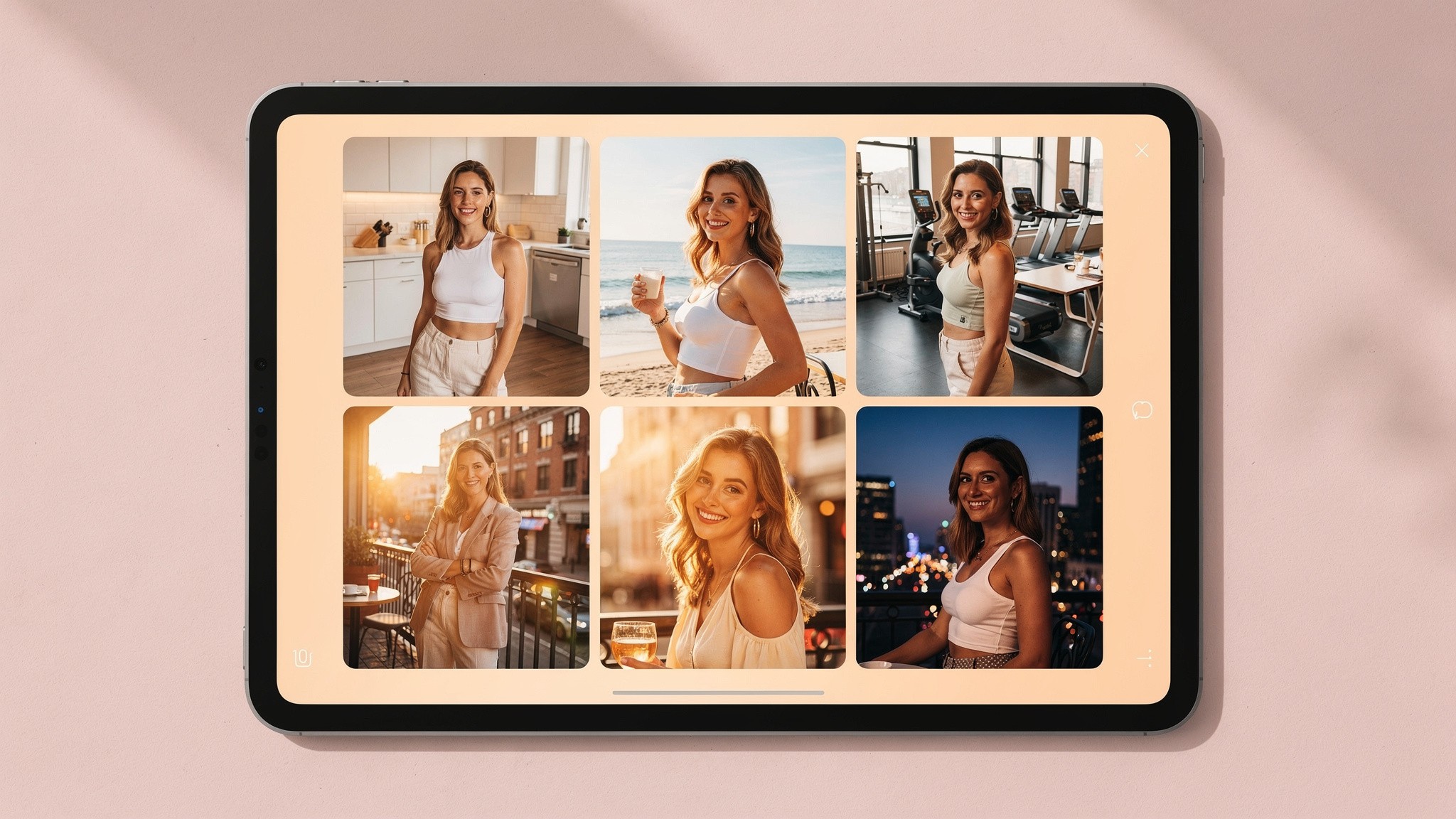 Editorial mockup: a feed of varied AI-generated photos of the same creator in different outfits and settings, showing consistent face across the grid