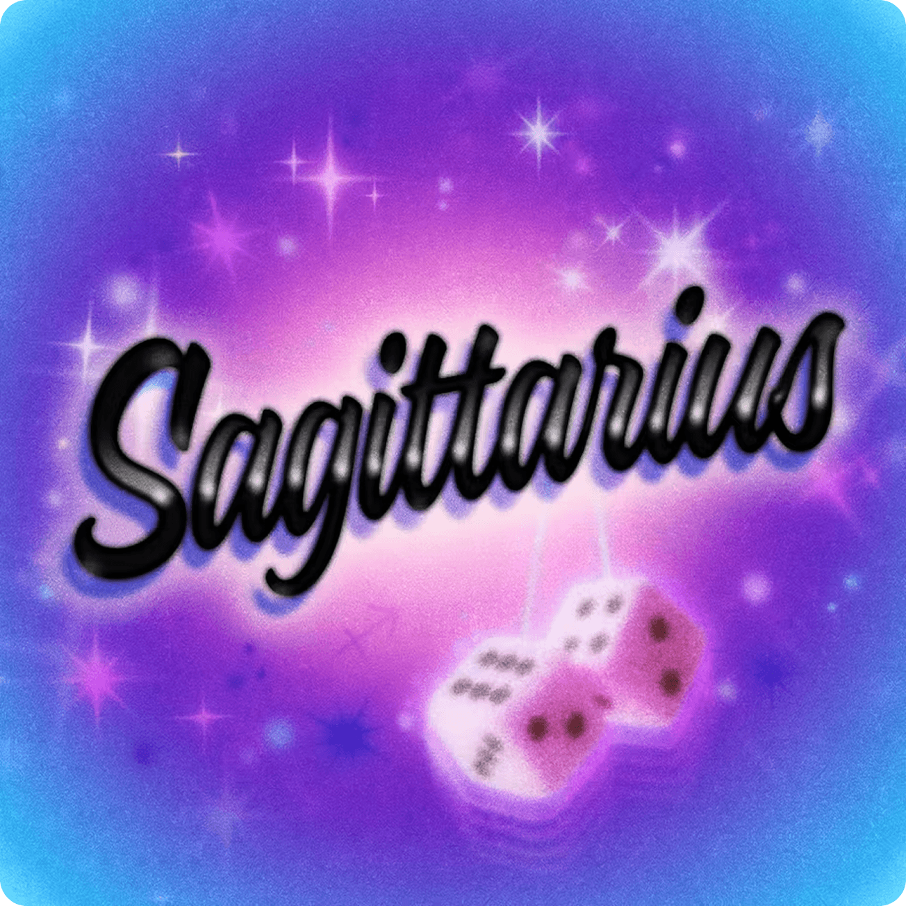 A vibrant design featuring the word "Sagittarius" in a stylish font, surrounded by a purple and sparkly background.