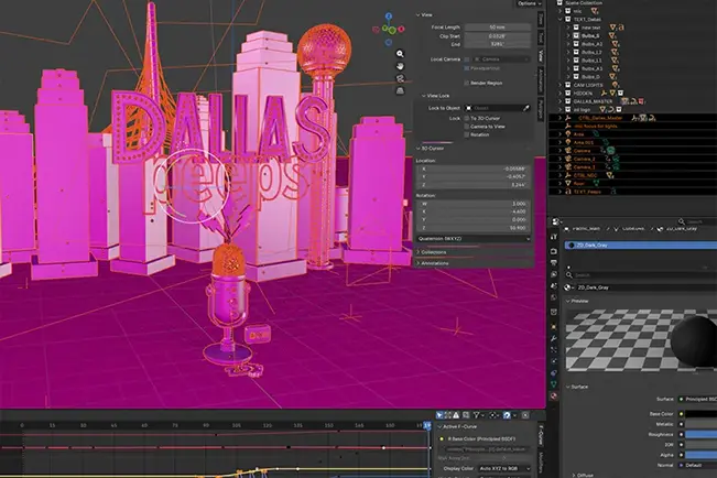 Custom 3D animation and motion graphics created in Blender for a Dallas-themed video production.