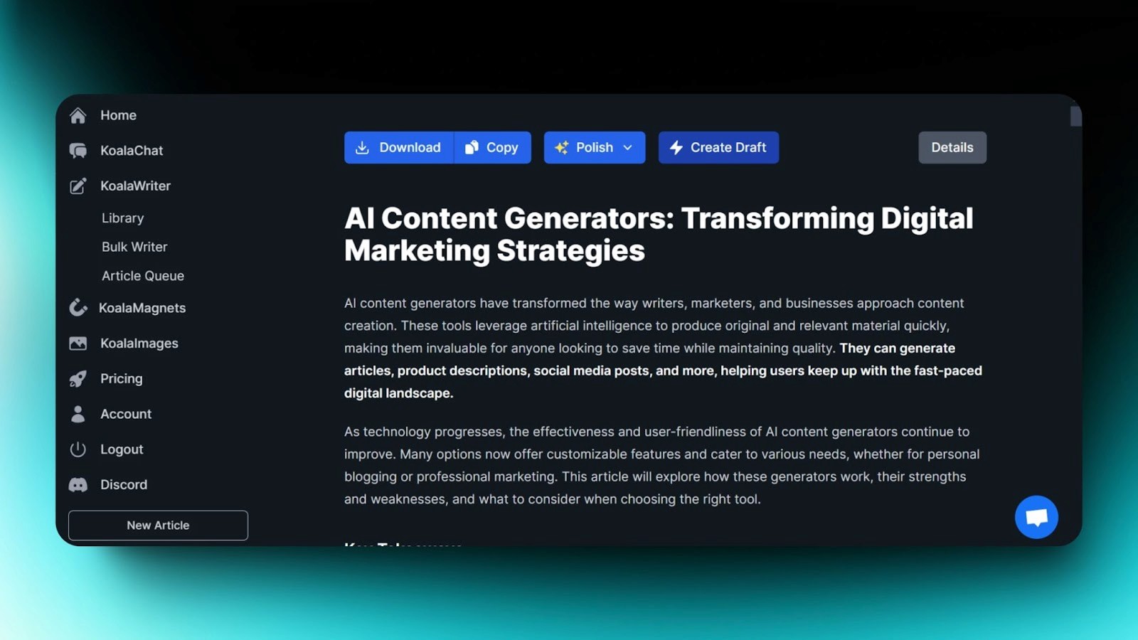 Screenshot of KoalaWriter displaying "AI Content Generators" article with options like Download, Copy, and Polish for content refinement.