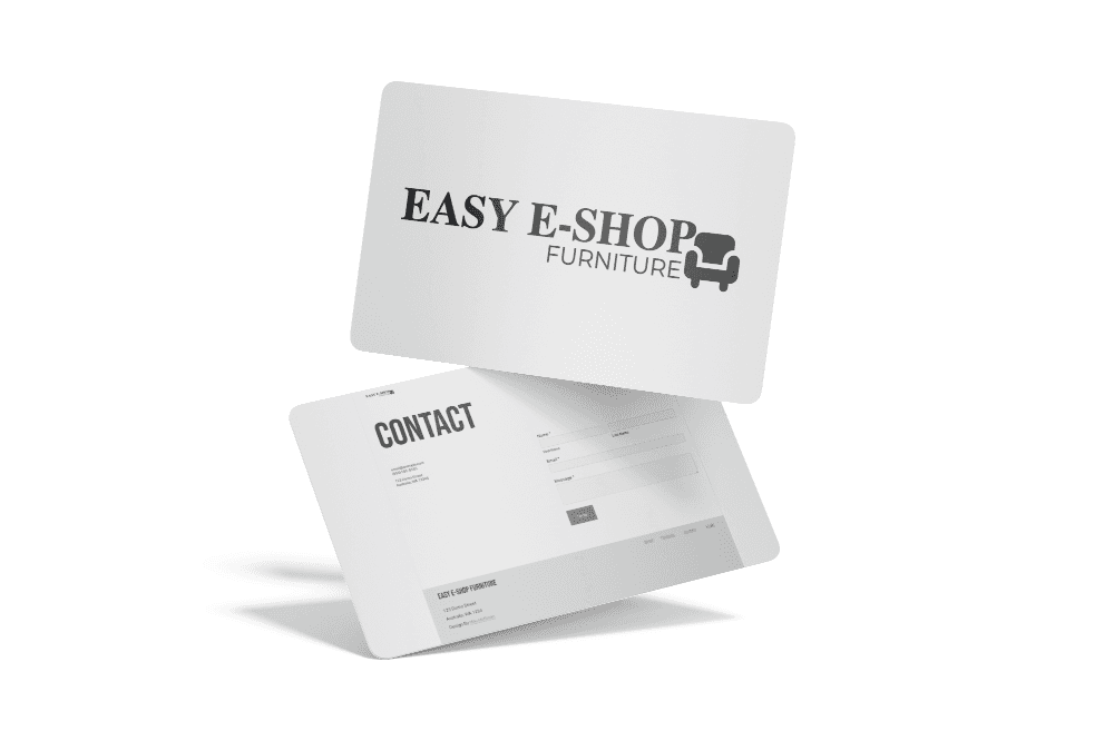 Minimalist brand identity mockup featuring Easy E-Shop Furniture business cards and a clean contact form layout on floating white cards.