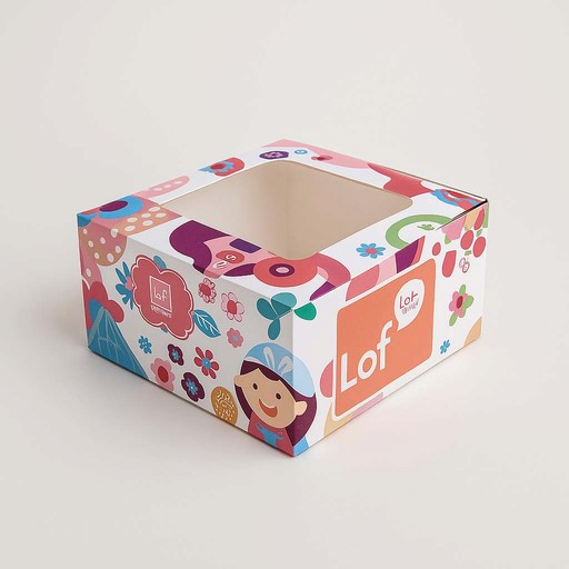 Custom designed window cake box with clear plastic display for cakes and cupcakes.