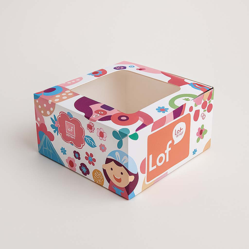 Custom designed window cake box with clear plastic display for cakes and cupcakes.