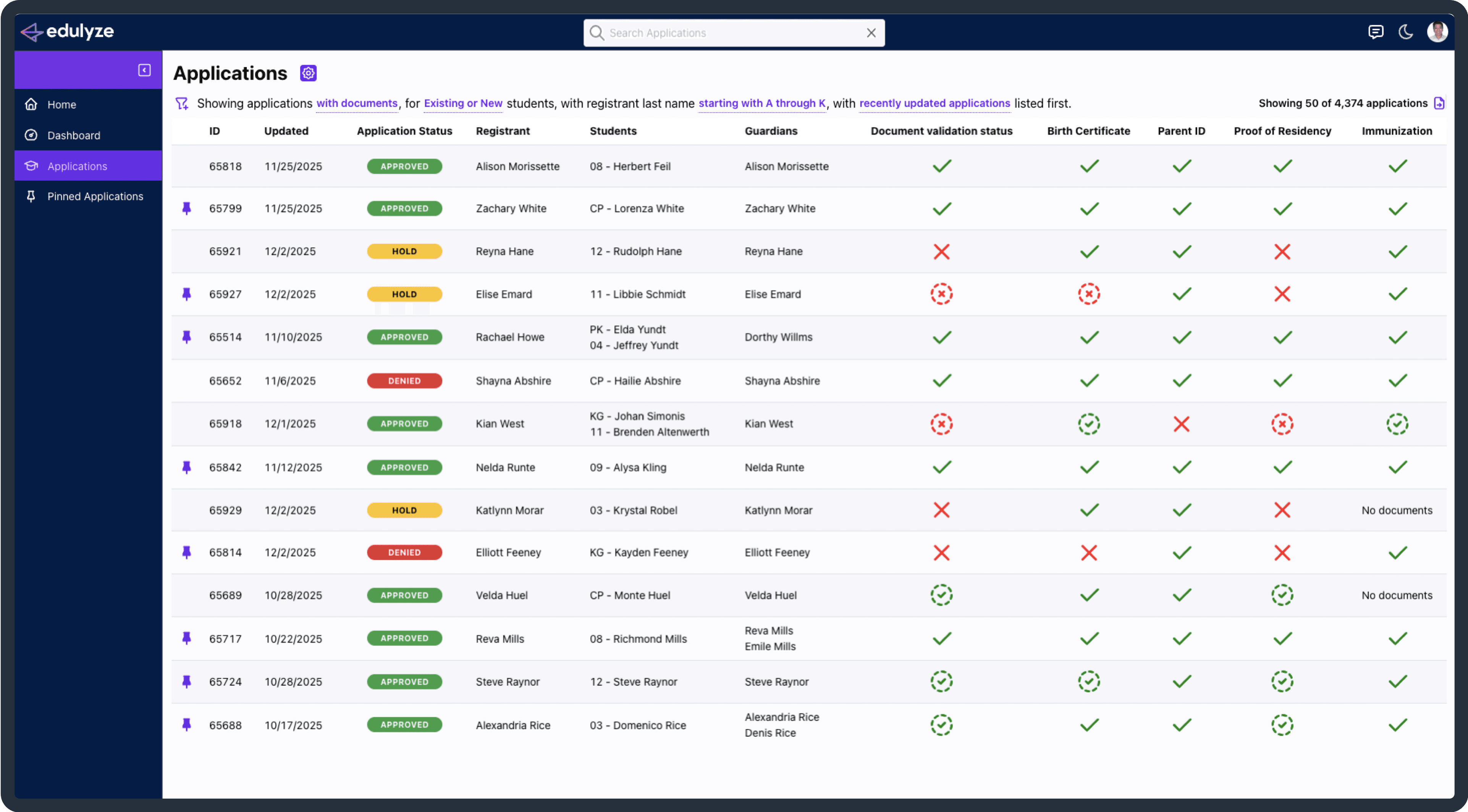 Edulyze enrollment document verification dashboard showing automated birth certificate and ID verification for K-12 schools