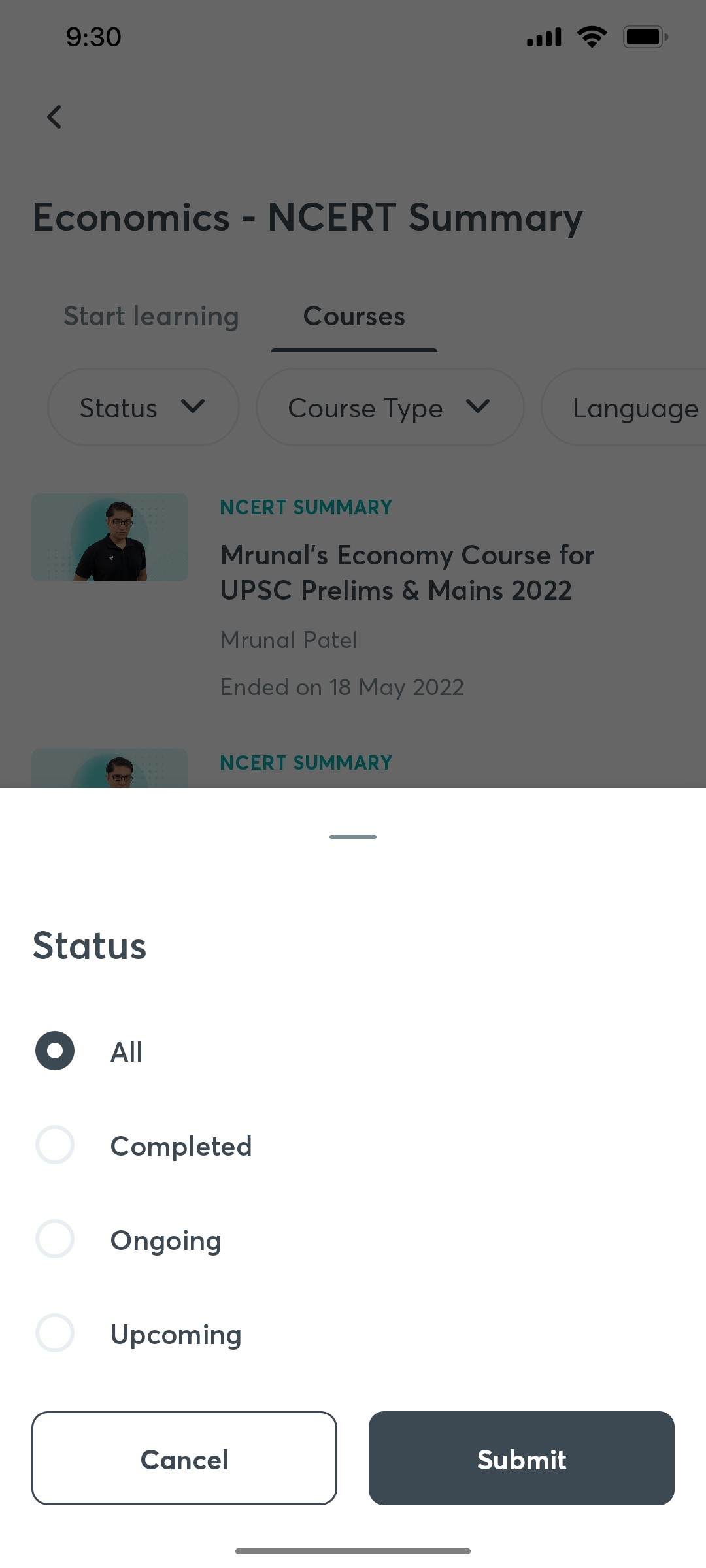 Unacademy Filter Status