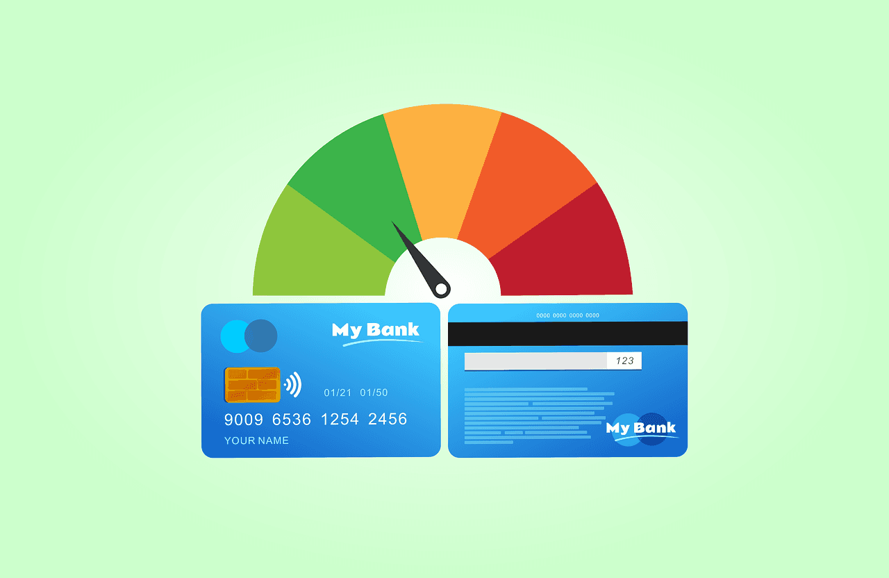 The front and back of a credit card under a credit score chart, pointing to green.