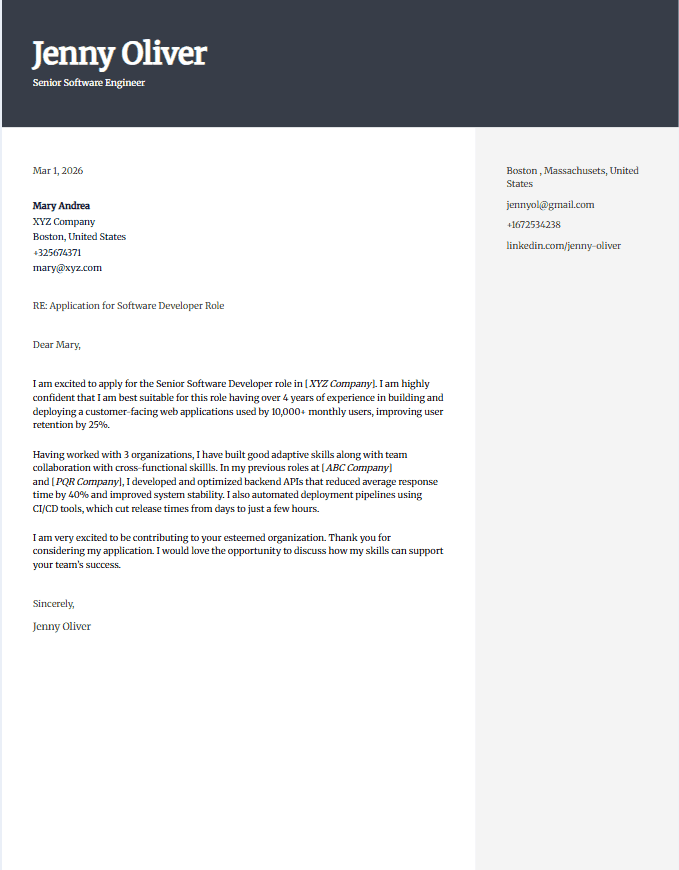 Sample cover letter for software developer showing all key components