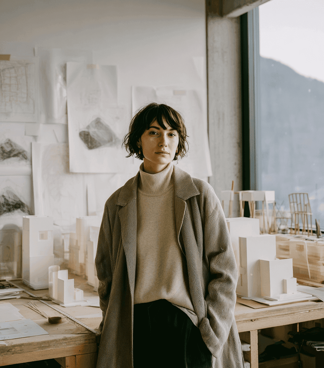 Woman standing in an architect studio with building models