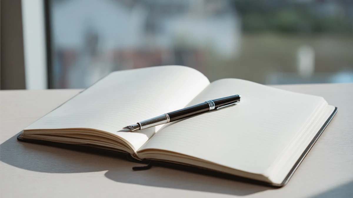 Open journal with pen on simple surface