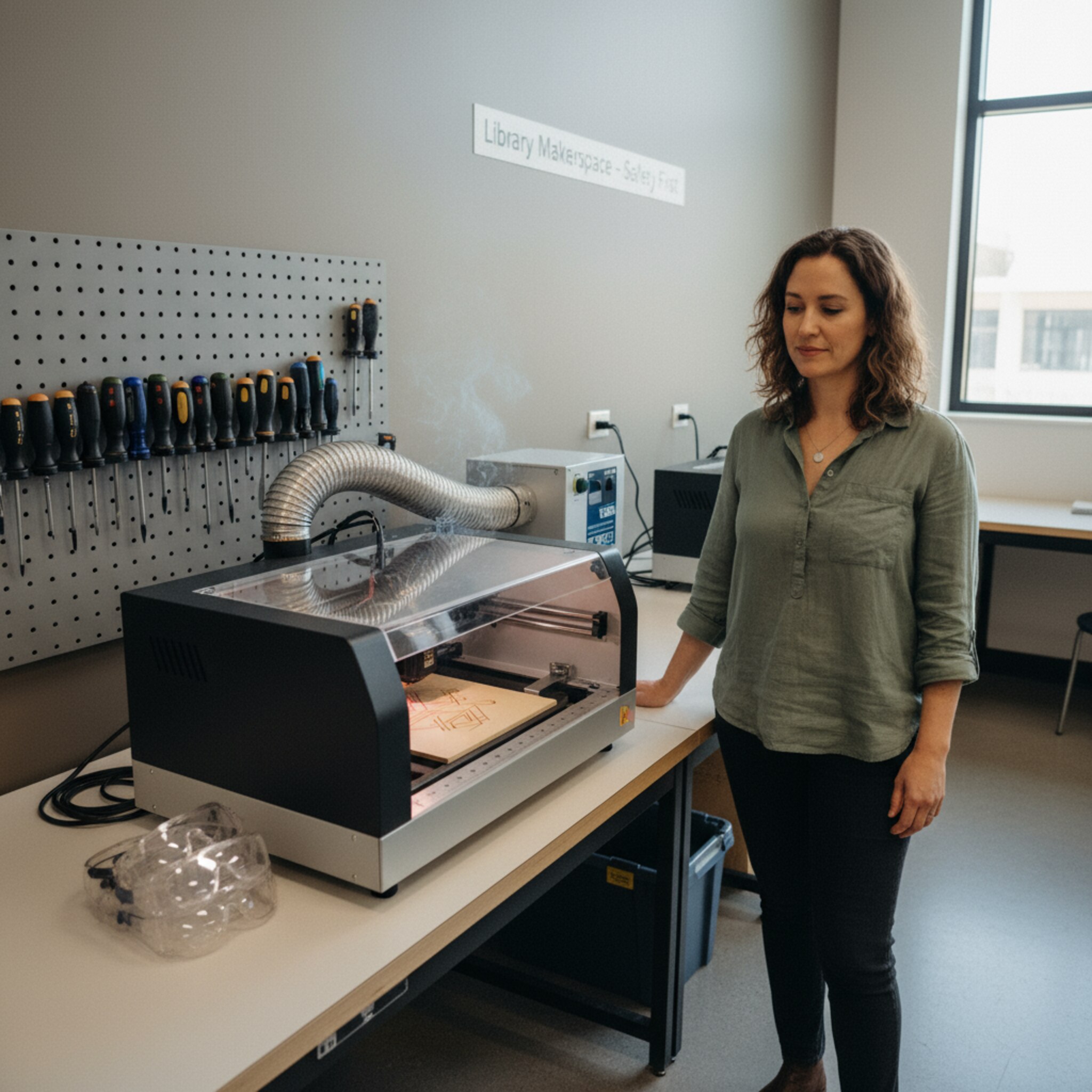 Ein Laser-Cutter zeichnet feine Linien in Sperrholz, dünner Rauch zieht zum Absaugschlauch. Eine Betreuerin steht daneben und beobachtet ruhig den Schnitt. Schutzbrillen liegen ordentlich bereit. Die Werkbank ist sauber, Werkzeuge hängen an der Wand. Der Raum wirkt professionell und sicher.