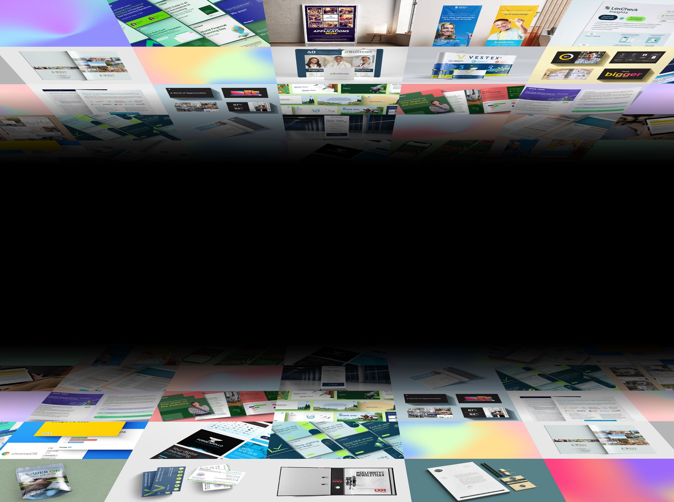 A collage of various colorful images arranged around a central black area, creating a vibrant and dynamic effect.