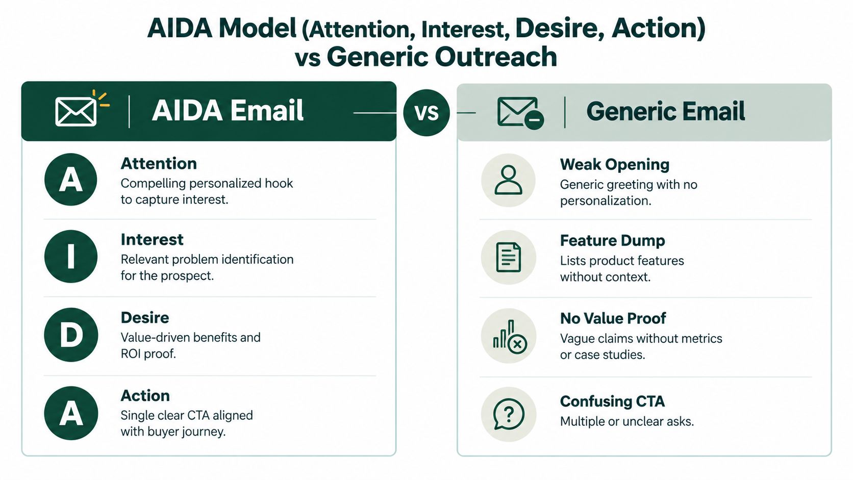 A comparison chart showing the AIDA model for effective emails versus common generic sales email mistakes.