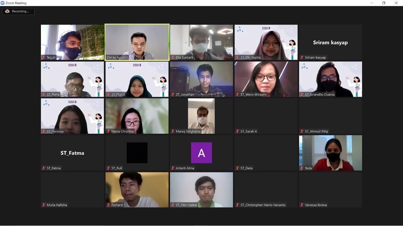 A Zoom gallery view showing a mix of in-person and remote attendees—twenty participants and one instructor—during a Tradeasia Academy online session.