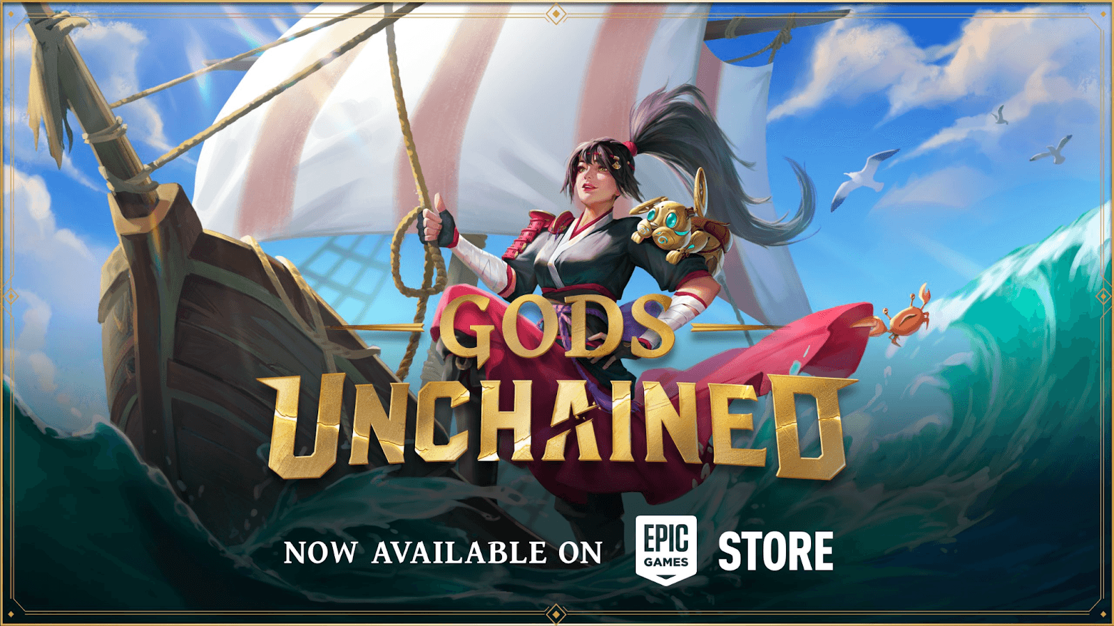 Gods Unchained logo and game character on a ship