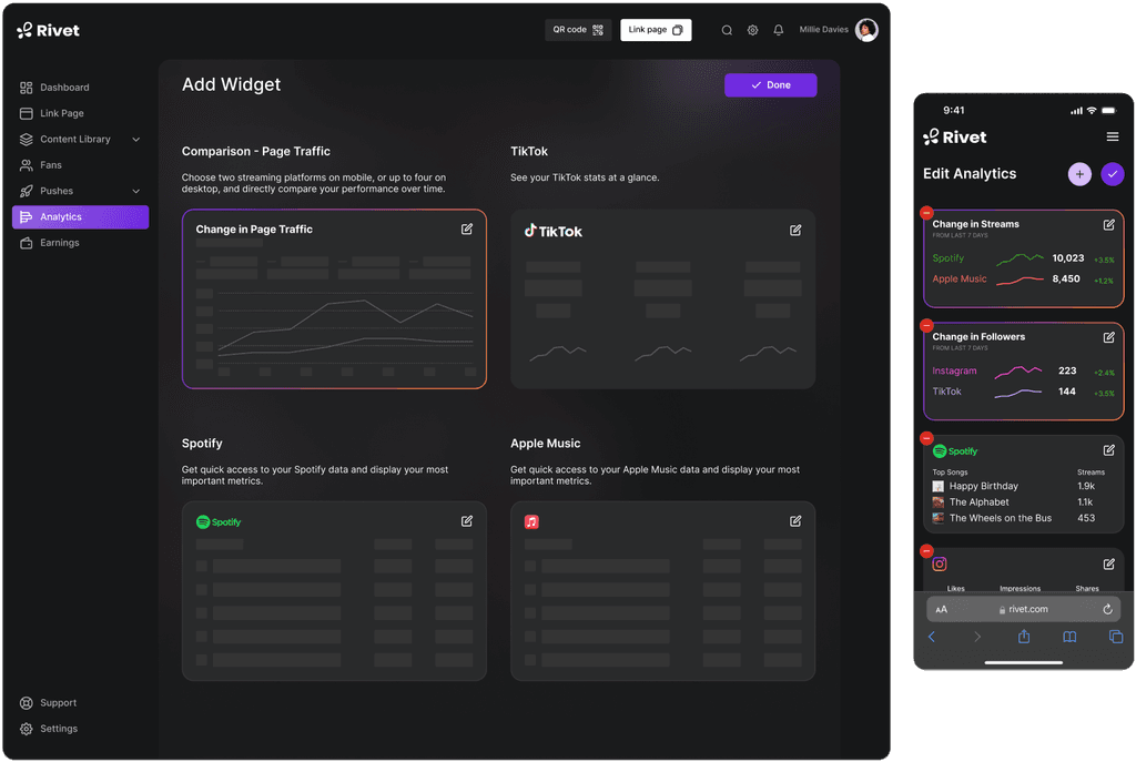 A mockup of the dashboard's editing features in which a user can add or reorder widgets.