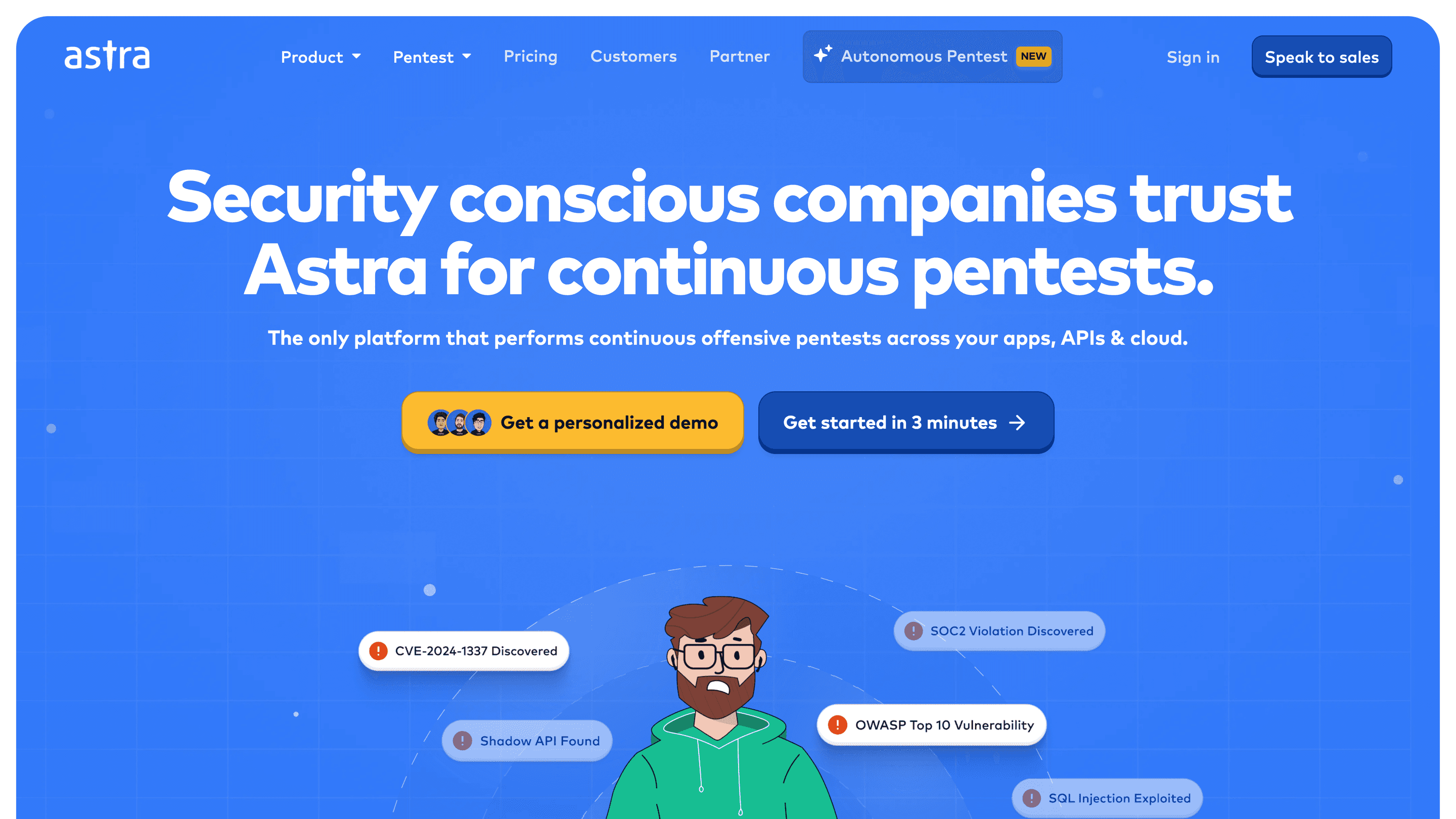 Astra Security homepage promoting continuous pentests and the new Autonomous Pentest