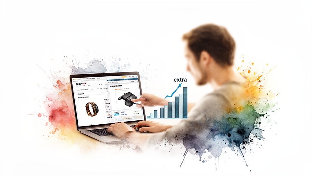 Person interacting with a laptop displaying product information and a data chart indicating growth, enhanced by watercolors.