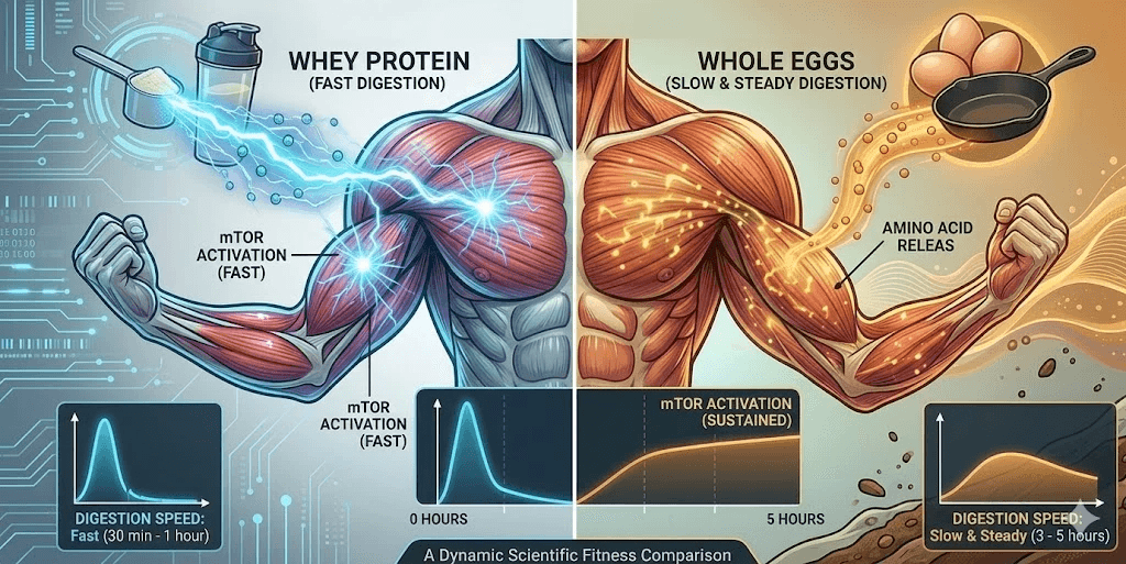 An infographic comparing the digestion dynamics of Whey vs Eggs. The left side (Whey) shows fast mTOR activation (30 min - 1 hour) and a sharp amino acid spike into a blue muscular arm. The right side (Eggs) shows slow, sustained mTOR activation (3 - 5 hours) and gradual amino acid release into an orange muscular arm.