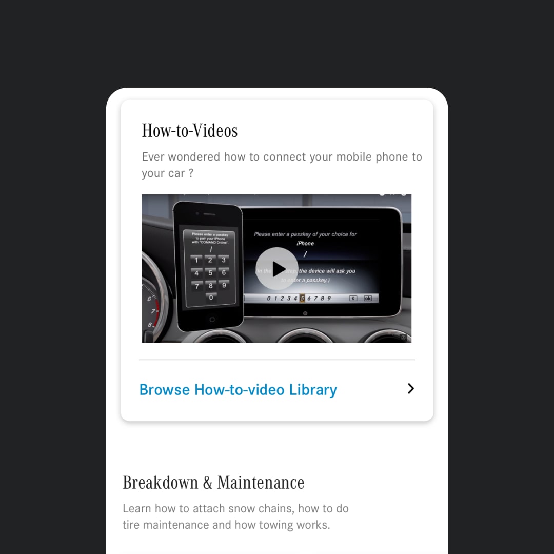App content card titled "How-to-Videos" with a video thumbnail showing a Bluetooth pairing walkthrough between an iPhone and a Mercedes COMAND display, a "Browse How-to-video Library" link, and the beginning of a Breakdown & Maintenance section below.